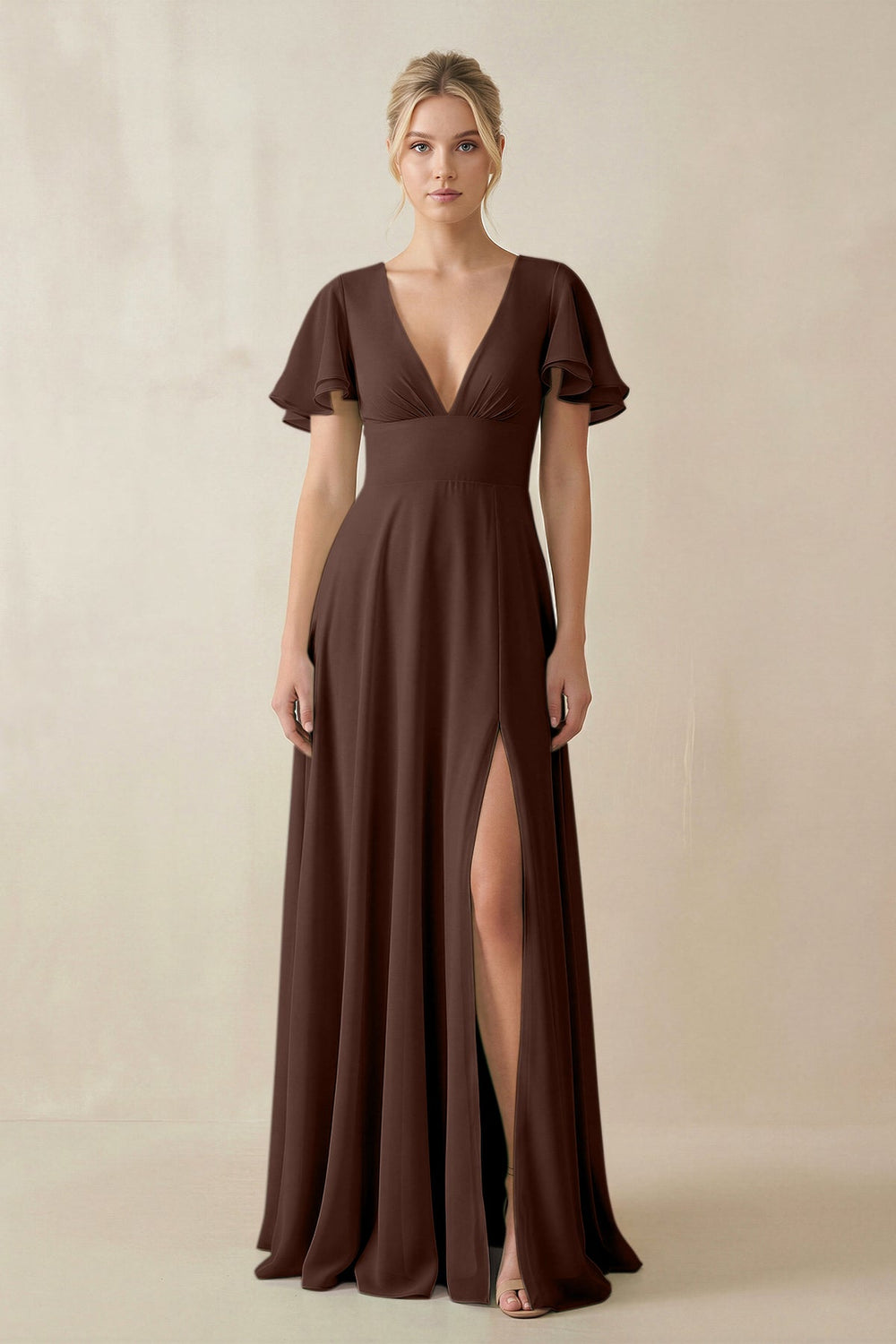 V - Neck Ruffled Short Sleeves A - Line Bridesmaid Dress in Espresso - SHE IS ME Bridesmaid Dresses