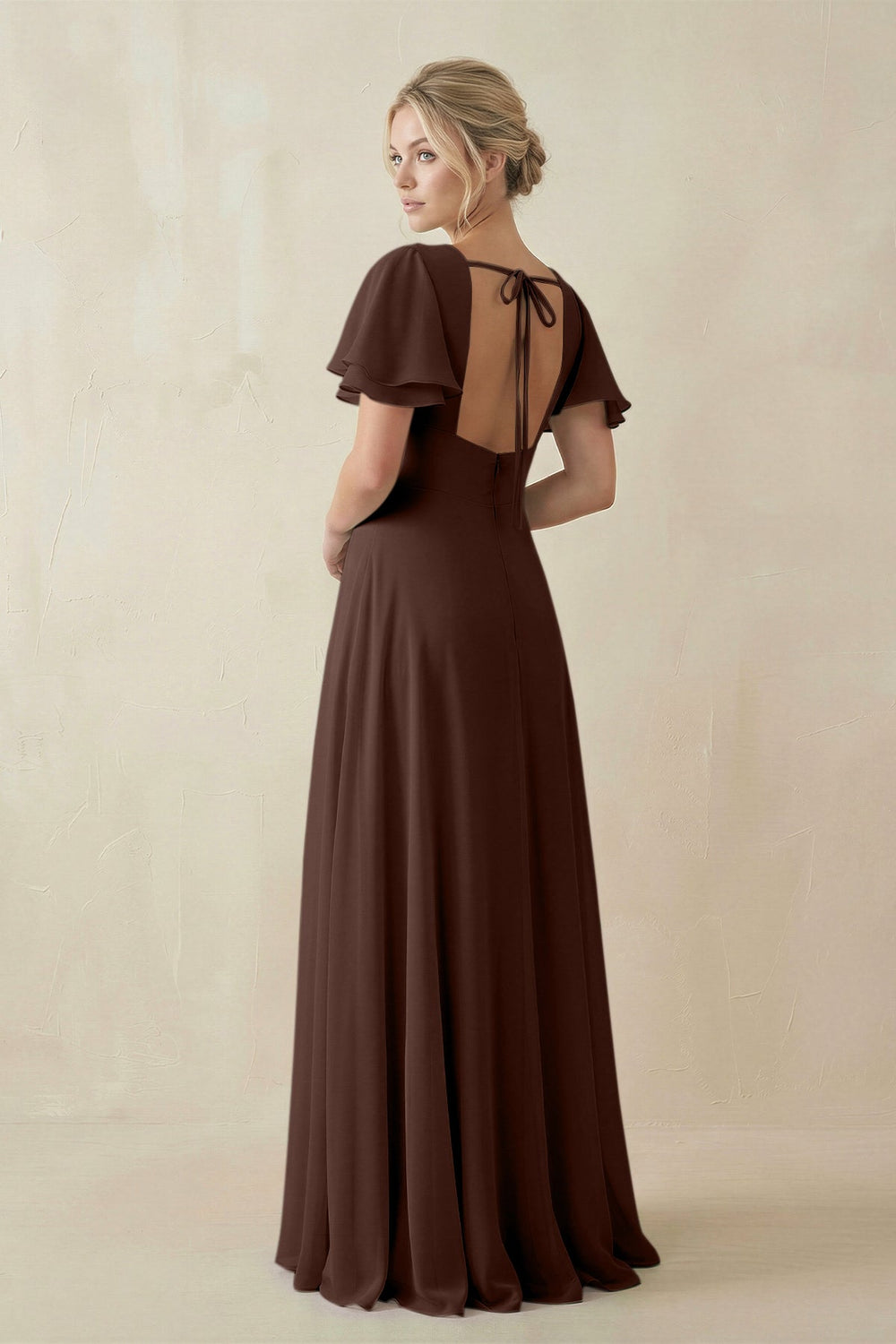 V - Neck Ruffled Short Sleeves A - Line Bridesmaid Dress in Espresso - SHE IS ME Bridesmaid Dresses
