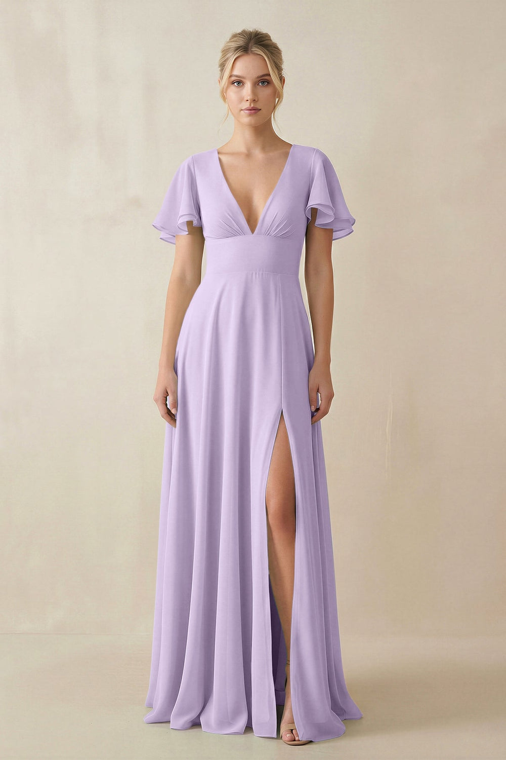 V - Neck Ruffled Short Sleeves A - Line Bridesmaid Dress in Lavender - SHE IS ME Bridesmaid Dresses