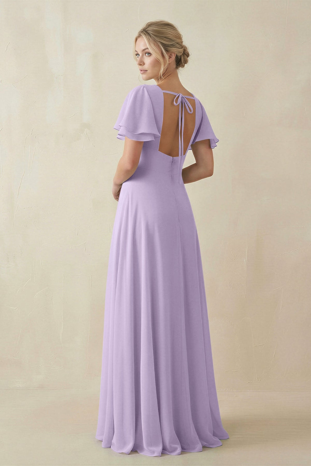 V - Neck Ruffled Short Sleeves A - Line Bridesmaid Dress in Lavender - SHE IS ME Bridesmaid Dresses