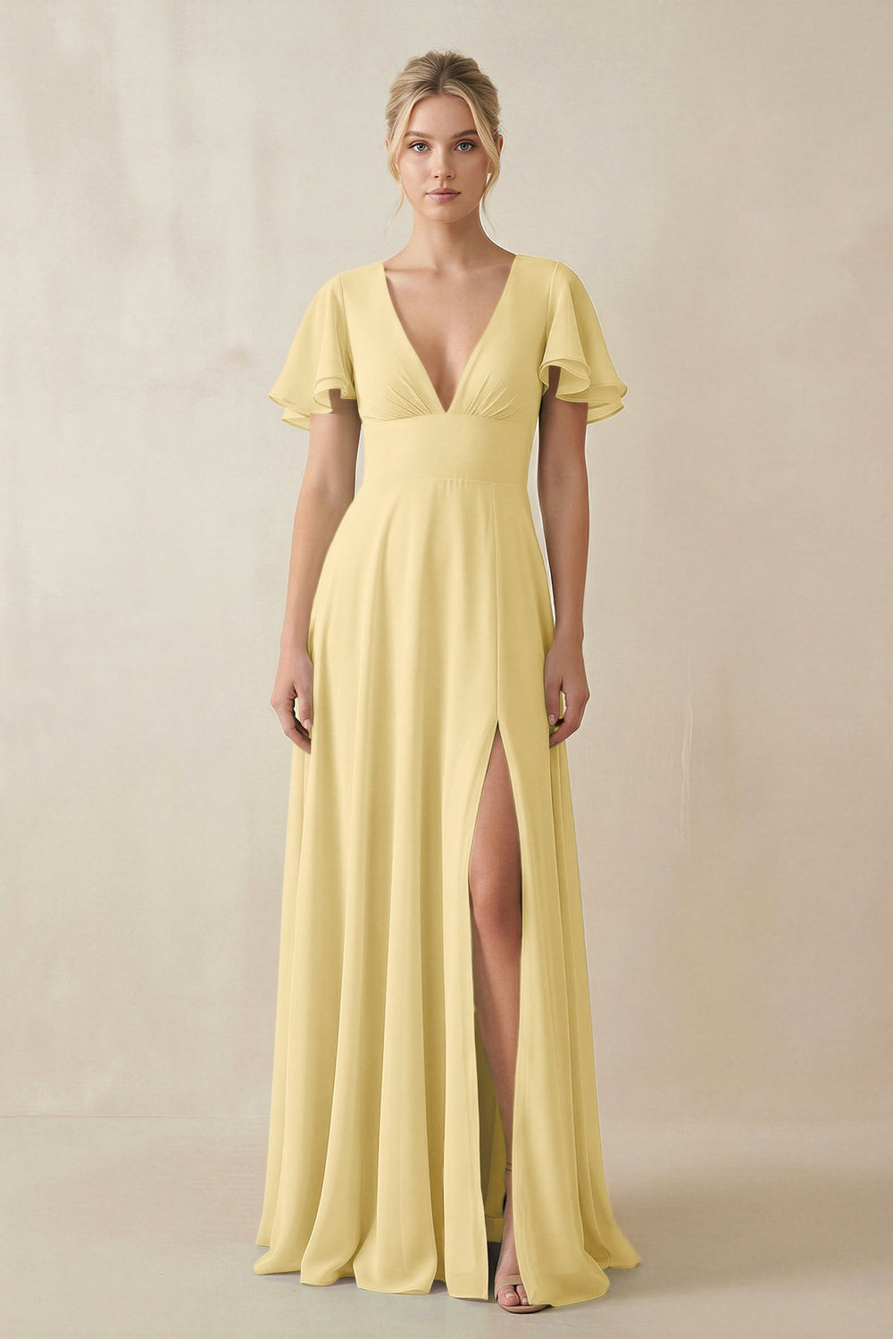 V - Neck Ruffled Short Sleeves A - Line Bridesmaid Dress in Pastel Yellow - SHE IS ME Bridesmaid Dresses