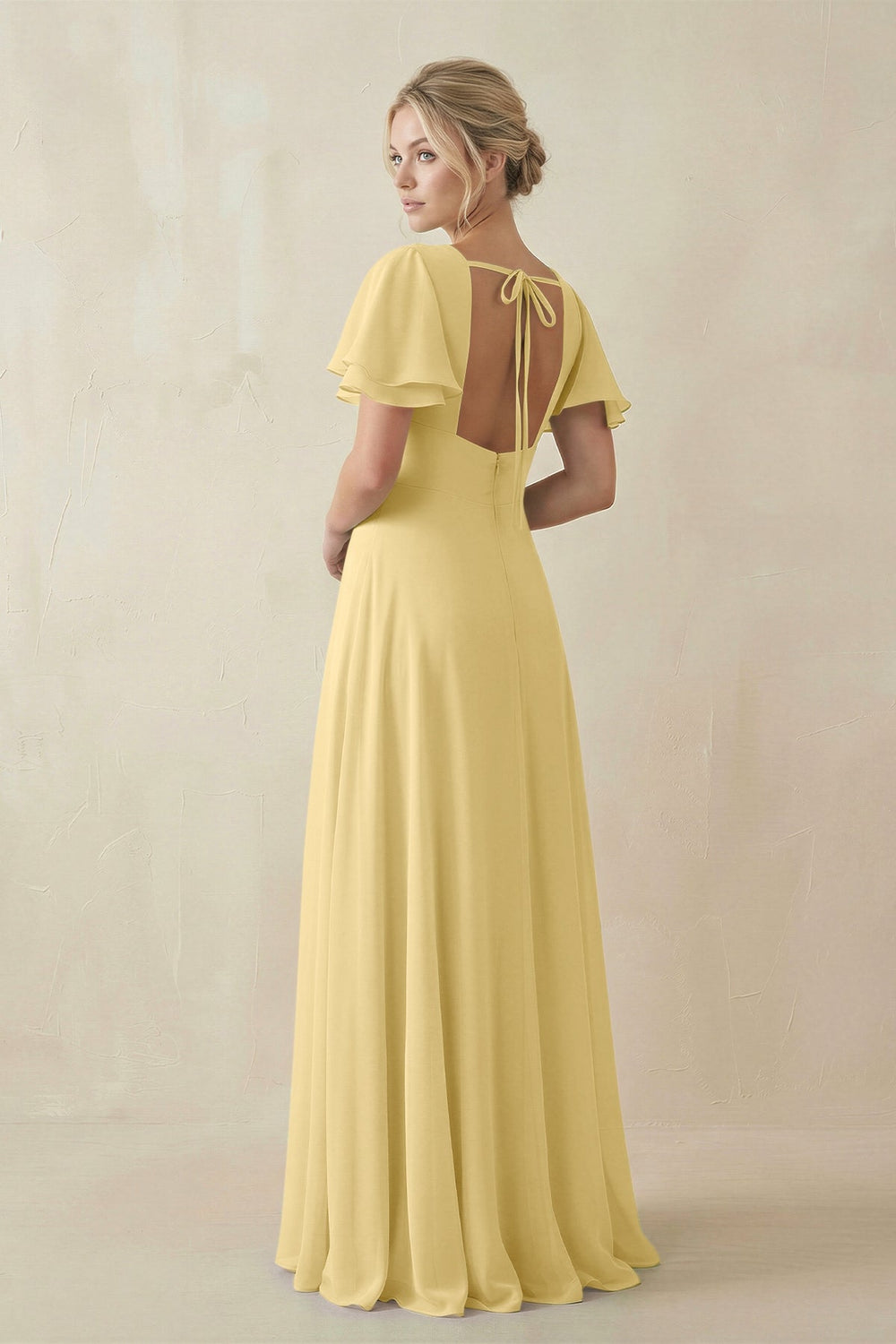 V - Neck Ruffled Short Sleeves A - Line Bridesmaid Dress in Pastel Yellow - SHE IS ME Bridesmaid Dresses