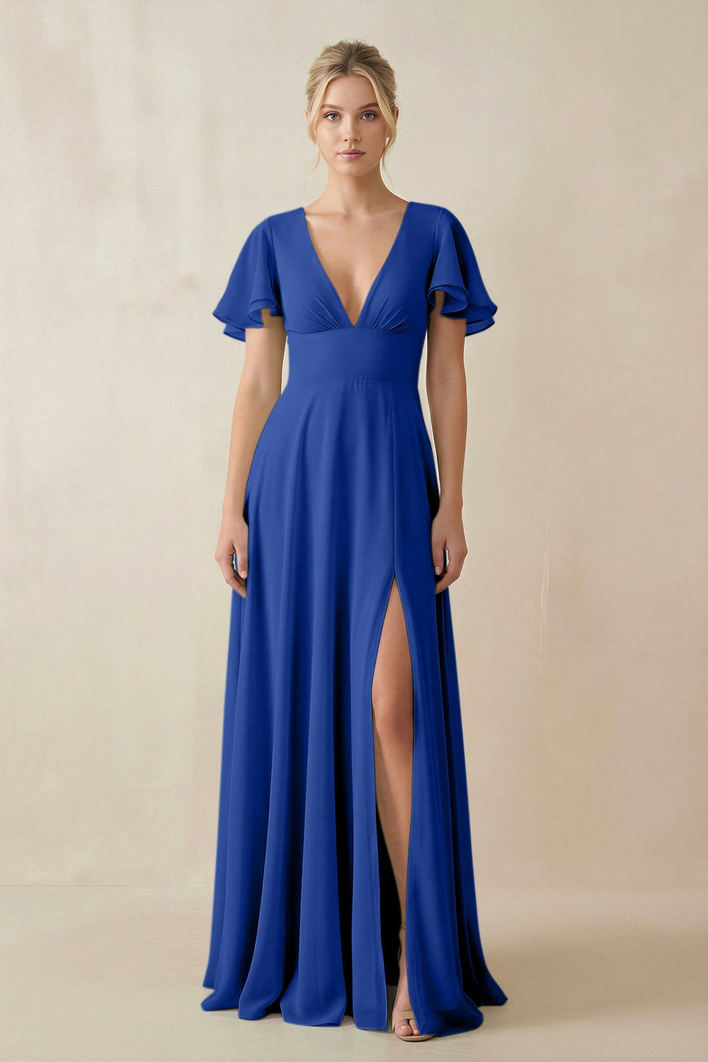 V - Neck Ruffled Short Sleeves A - Line Bridesmaid Dress in Royal Blue - SHE IS ME Bridesmaid Dresses