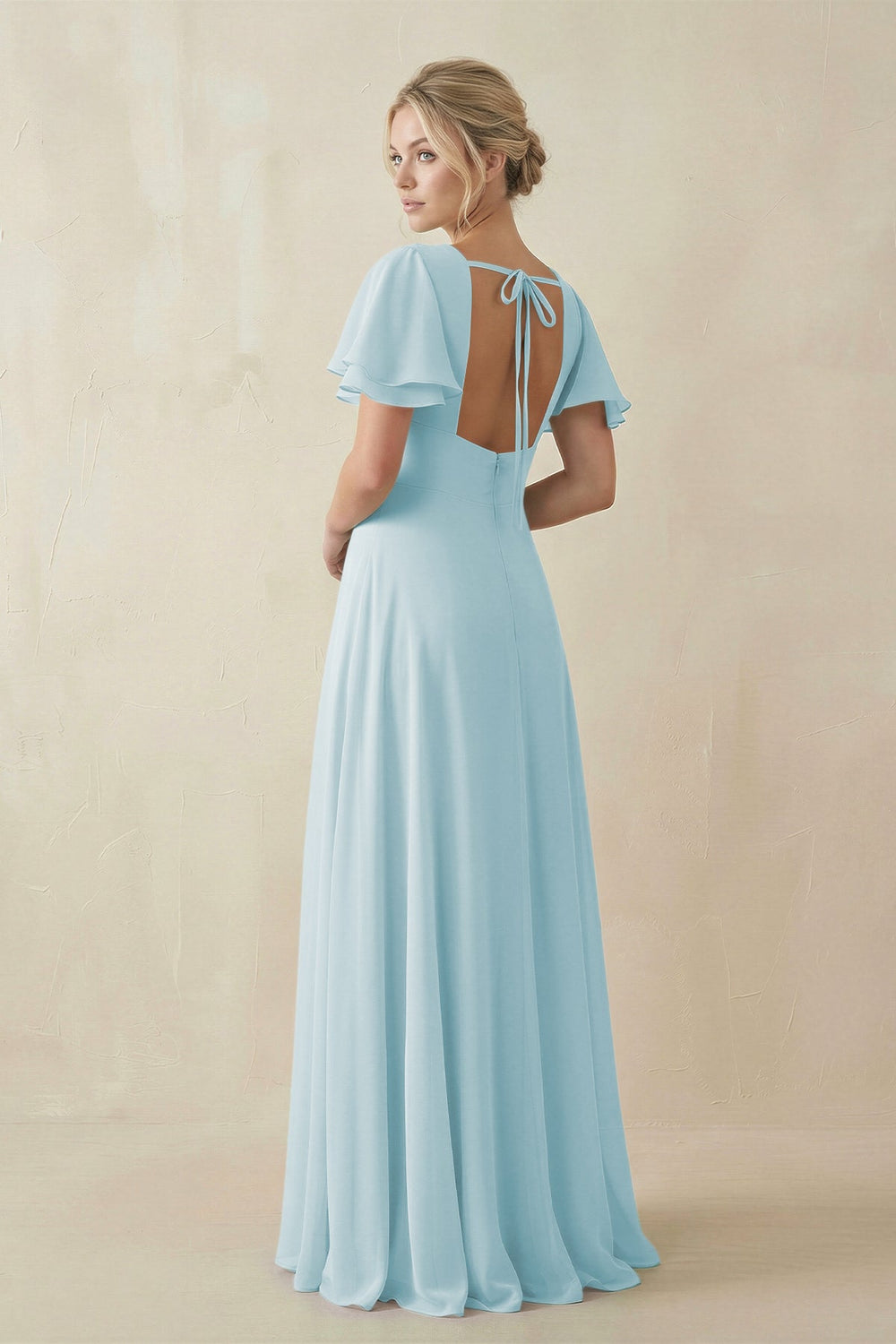 V - Neck Ruffled Short Sleeves A - Line Bridesmaid Dress in Sky Blue - SHE IS ME Bridesmaid Dresses