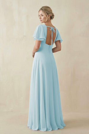 V - Neck Ruffled Short Sleeves A - Line Bridesmaid Dress in Sky Blue - SHE IS ME Bridesmaid Dresses