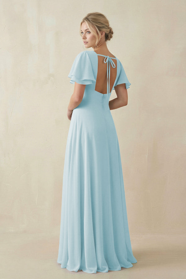 V - Neck Ruffled Short Sleeves A - Line Bridesmaid Dress in Sky Blue - SHE IS ME Bridesmaid Dresses