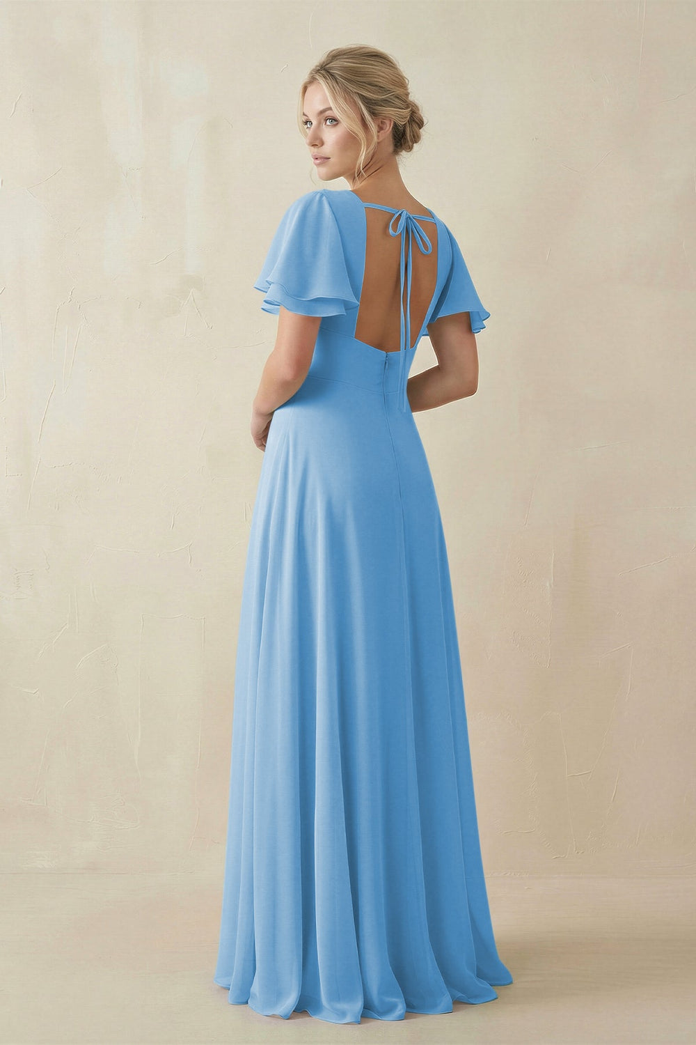 V - Neck Ruffled Short Sleeves A - Line Bridesmaid Dress in Steel Blue - SHE IS ME Bridesmaid Dresses