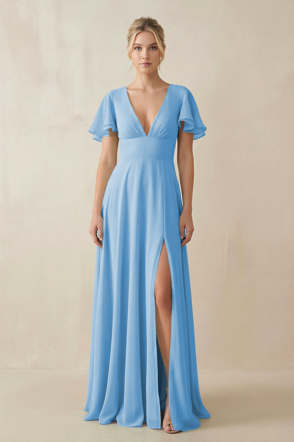 V - Neck Ruffled Short Sleeves A - Line Bridesmaid Dress in Steel Blue - SHE IS ME Bridesmaid Dresses