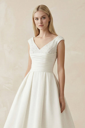 V - Neck Satin A - Line Midi Beaded Wedding Dress in White - SHE IS ME Wedding Dresses