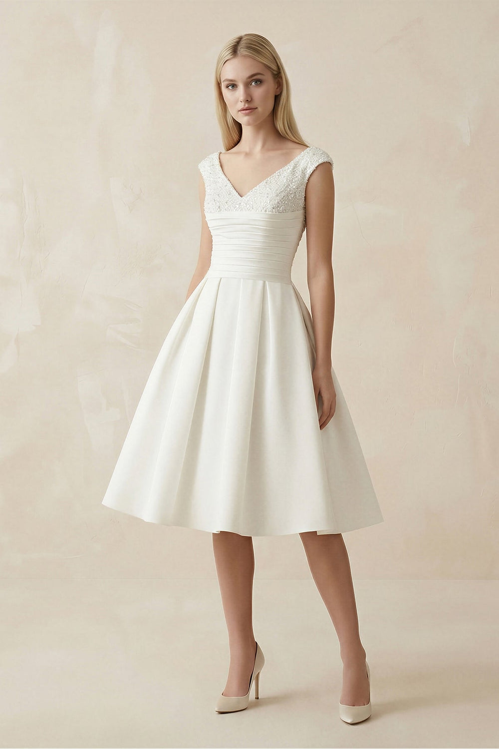 V - Neck Satin A - Line Midi Beaded Wedding Dress in White - SHE IS ME Wedding Dresses