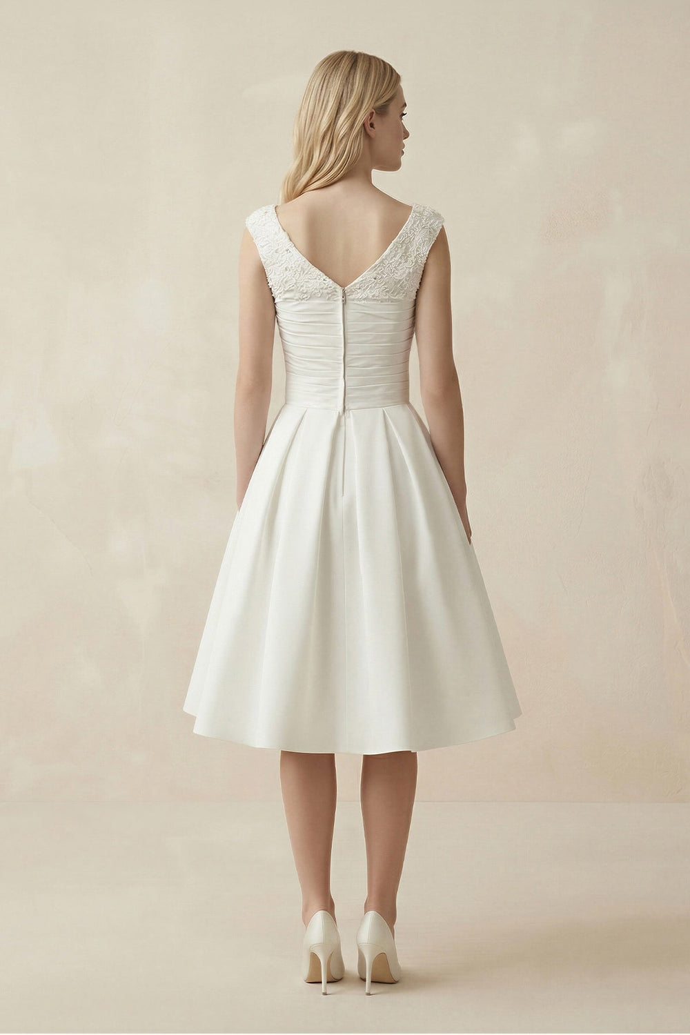 V - Neck Satin A - Line Midi Beaded Wedding Dress in White - SHE IS ME Wedding Dresses