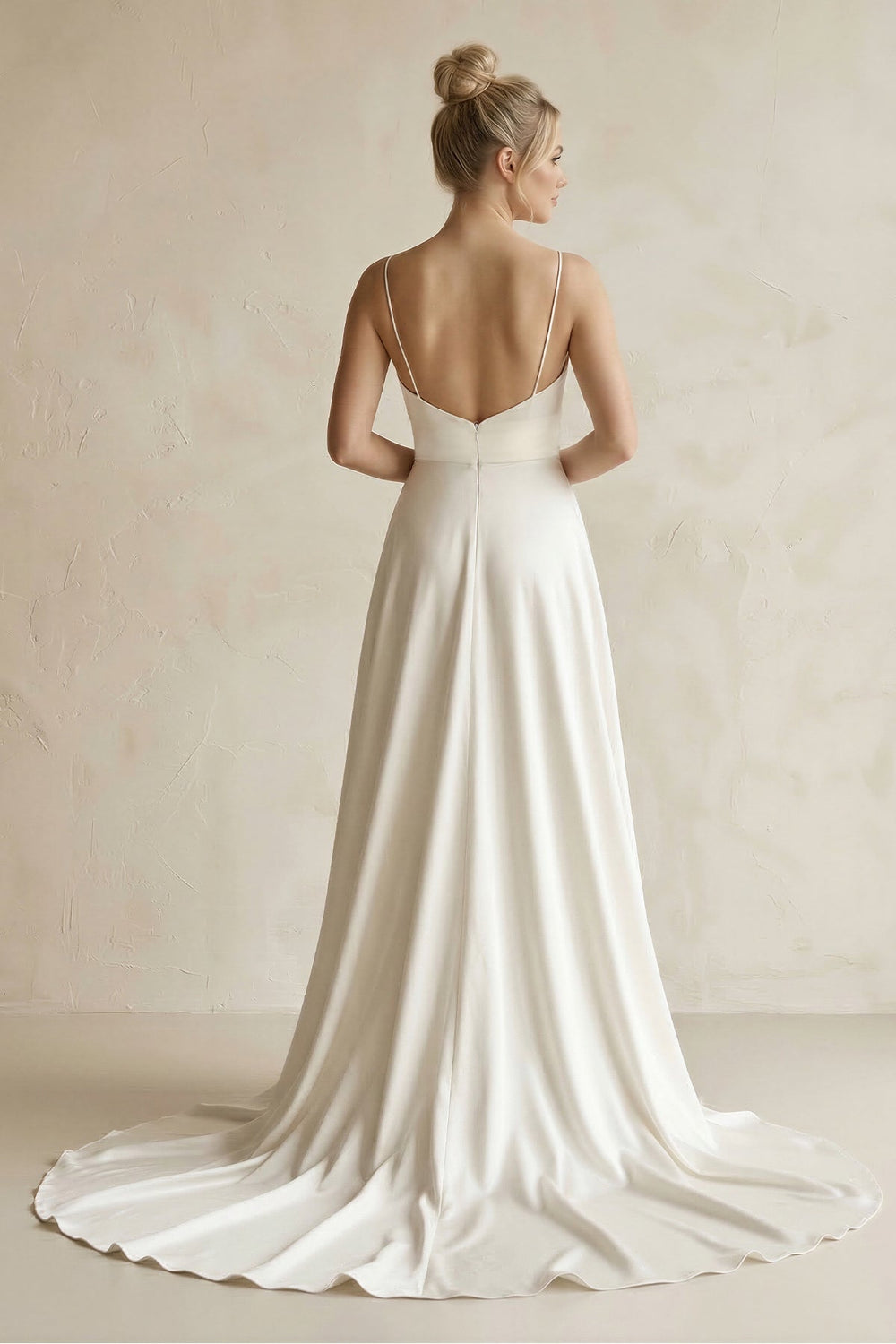 V - Neck Satin A - Line Wedding Dress in White - SHE IS ME Wedding Dresses