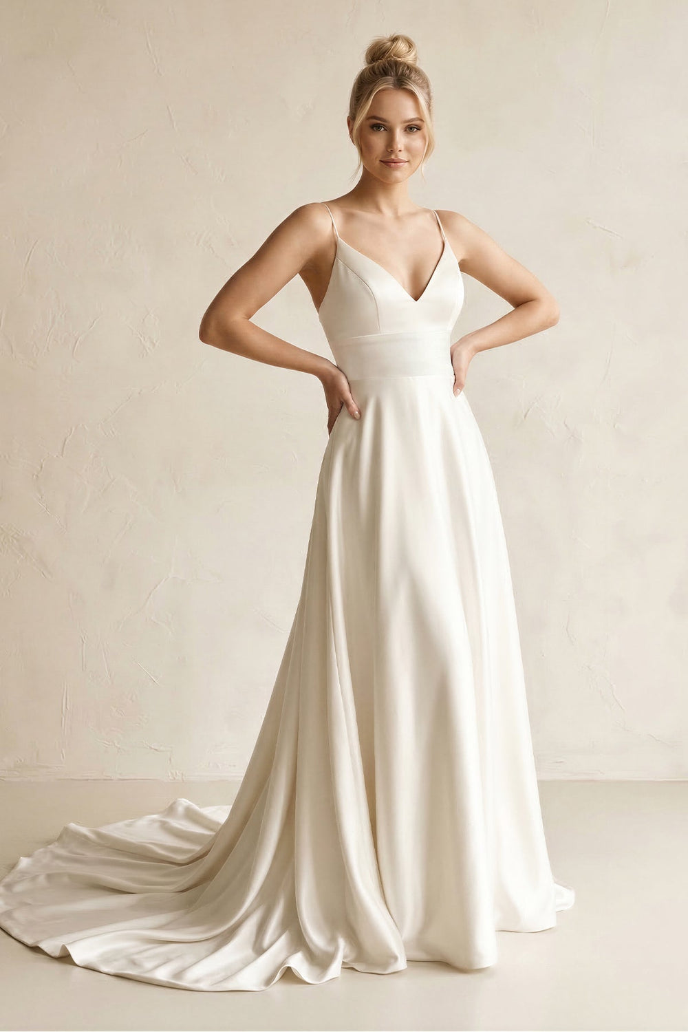 V - Neck Satin A - Line Wedding Dress in White - SHE IS ME Wedding Dresses