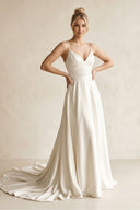 V - Neck Satin A - Line Wedding Dress in White - SHE IS ME Wedding Dresses