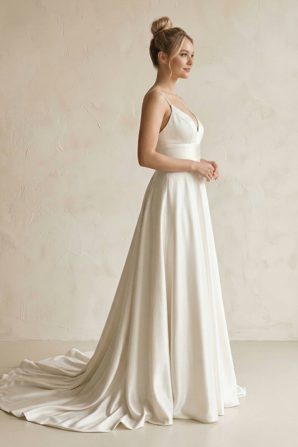 V - Neck Satin A - Line Wedding Dress in White - SHE IS ME Wedding Dresses