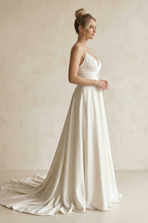 V - Neck Satin A - Line Wedding Dress in White - SHE IS ME Wedding Dresses