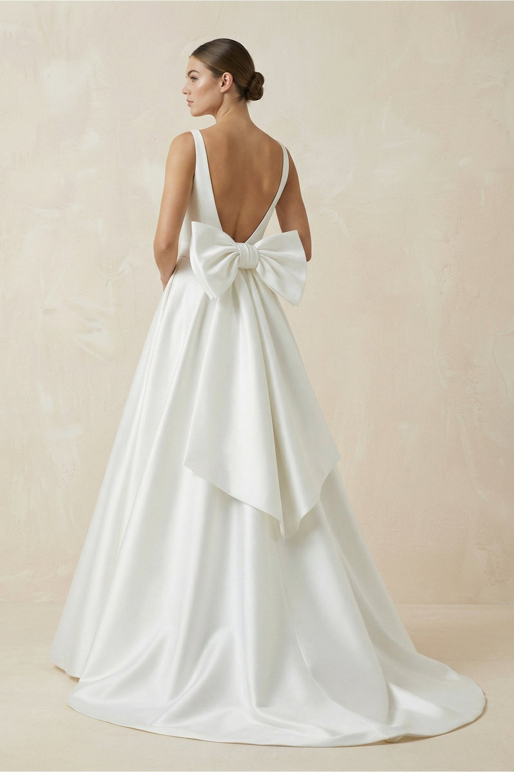 V - Neck Satin A - Line Wedding Dress With Bow in White - SHE IS ME Wedding Dresses