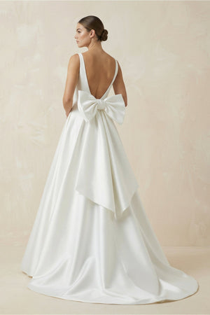 V - Neck Satin A - Line Wedding Dress With Bow in White - SHE IS ME Wedding Dresses