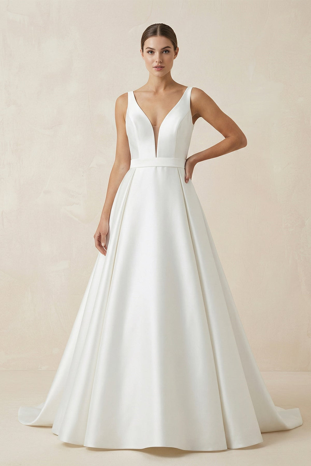 V - Neck Satin A - Line Wedding Dress With Bow in White - SHE IS ME Wedding Dresses