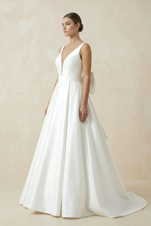 V - Neck Satin A - Line Wedding Dress With Bow in White - SHE IS ME Wedding Dresses