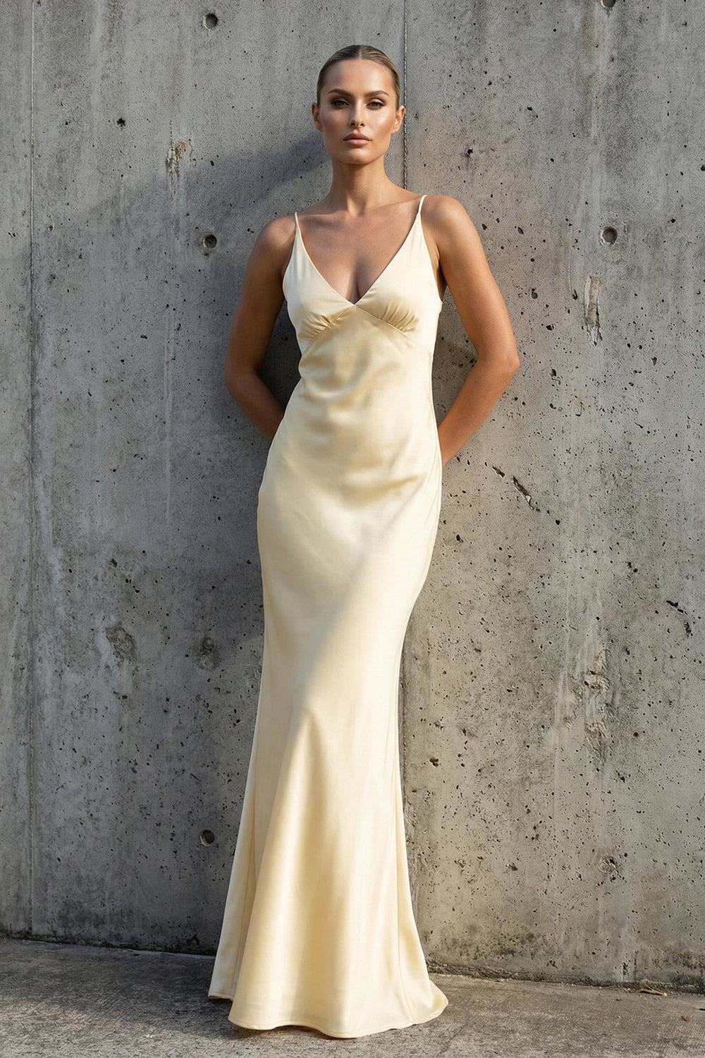 V Neck Satin Maxi Dress in Yellow - SHE IS ME