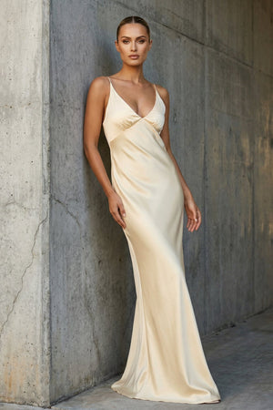 V Neck Satin Maxi Dress in Yellow - SHE IS ME