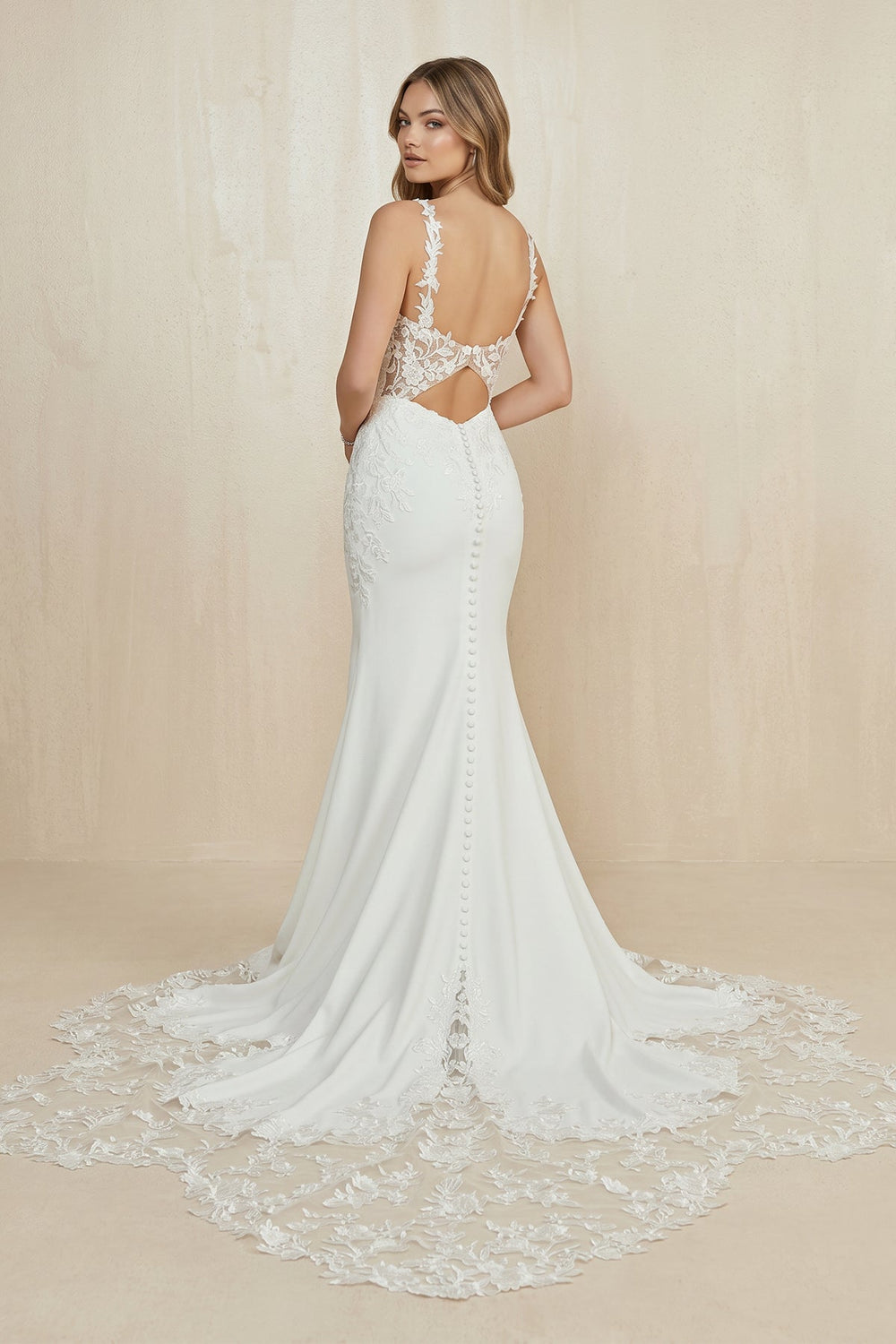 V Neck Satin Mermaid Appliqued Wedding Dress in White - SHE IS ME Wedding Dresses