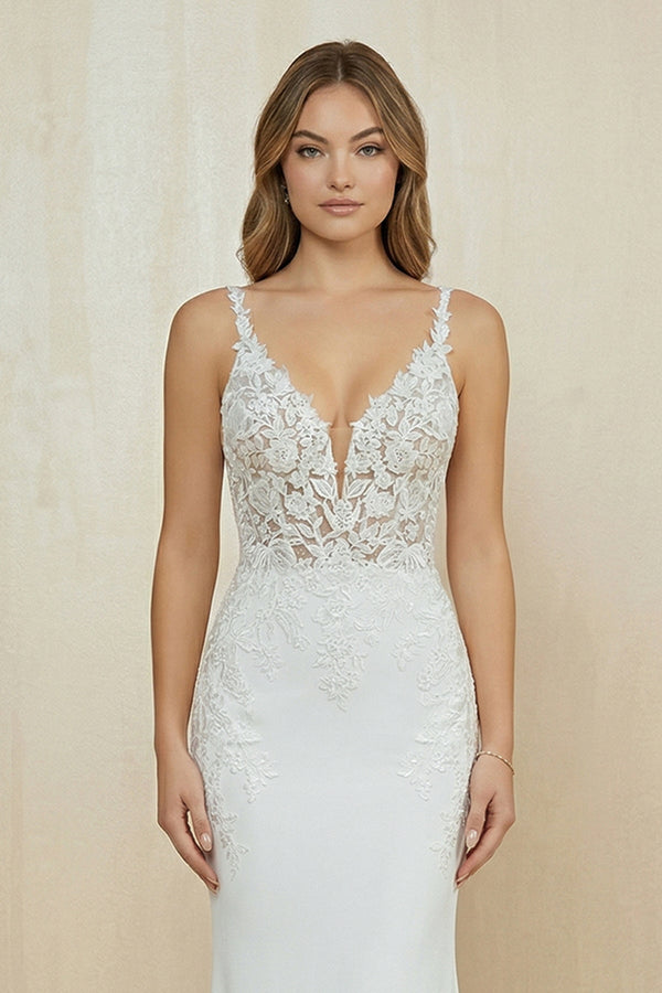 V Neck Satin Mermaid Appliqued Wedding Dress in White - SHE IS ME Wedding Dresses