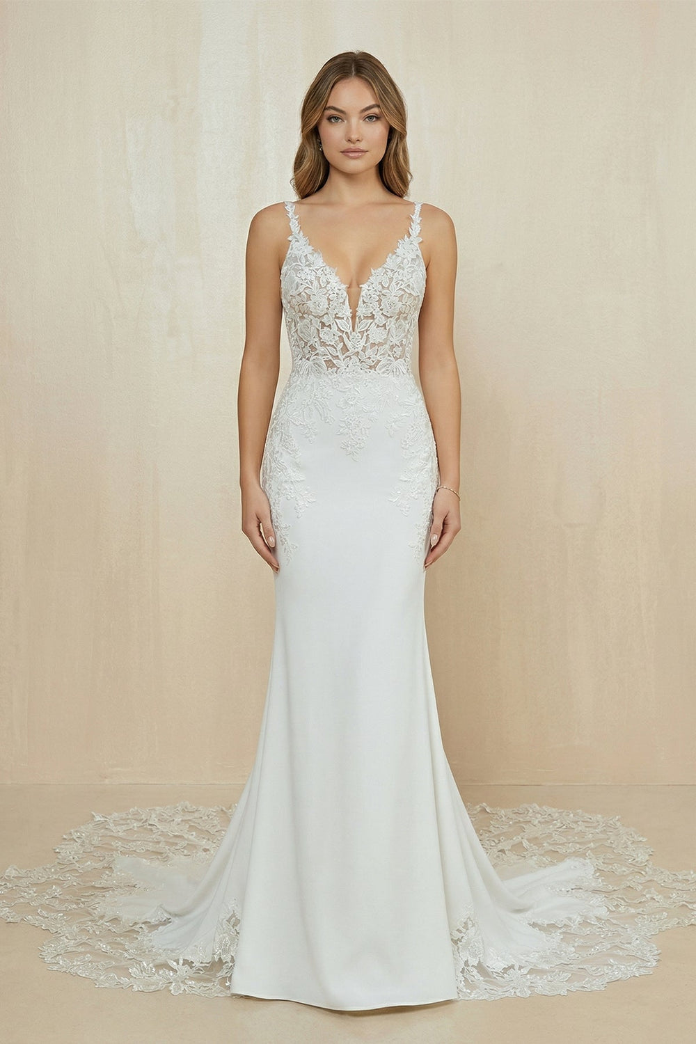V Neck Satin Mermaid Appliqued Wedding Dress in White - SHE IS ME Wedding Dresses
