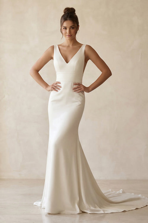 V - Neck Satin Mermaid Maxi Wedding Dress in White - SHE IS ME Wedding Dresses