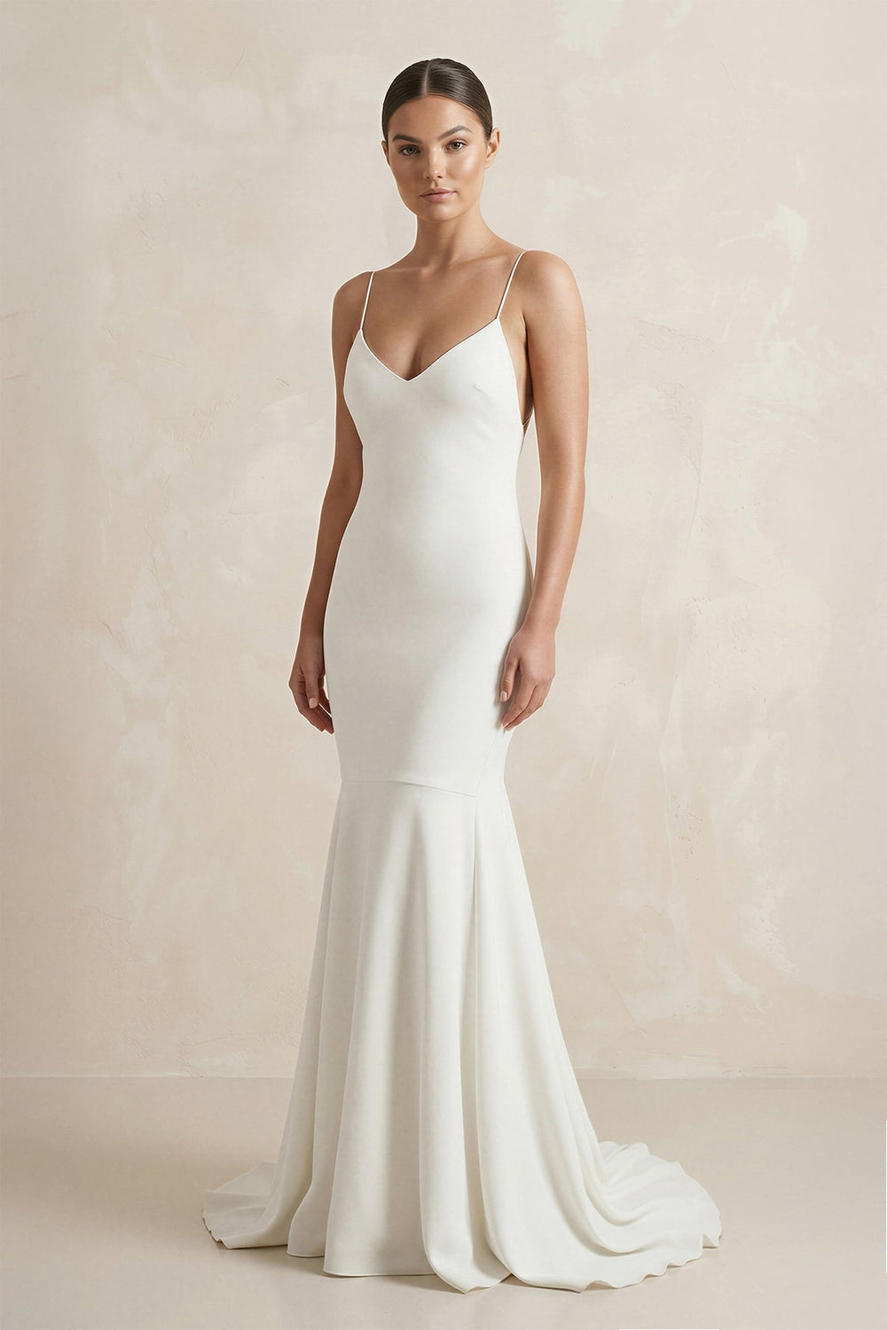 V - Neck Satin Mermaid Ruched Wedding Dress in White - SHE IS ME Wedding Dresses