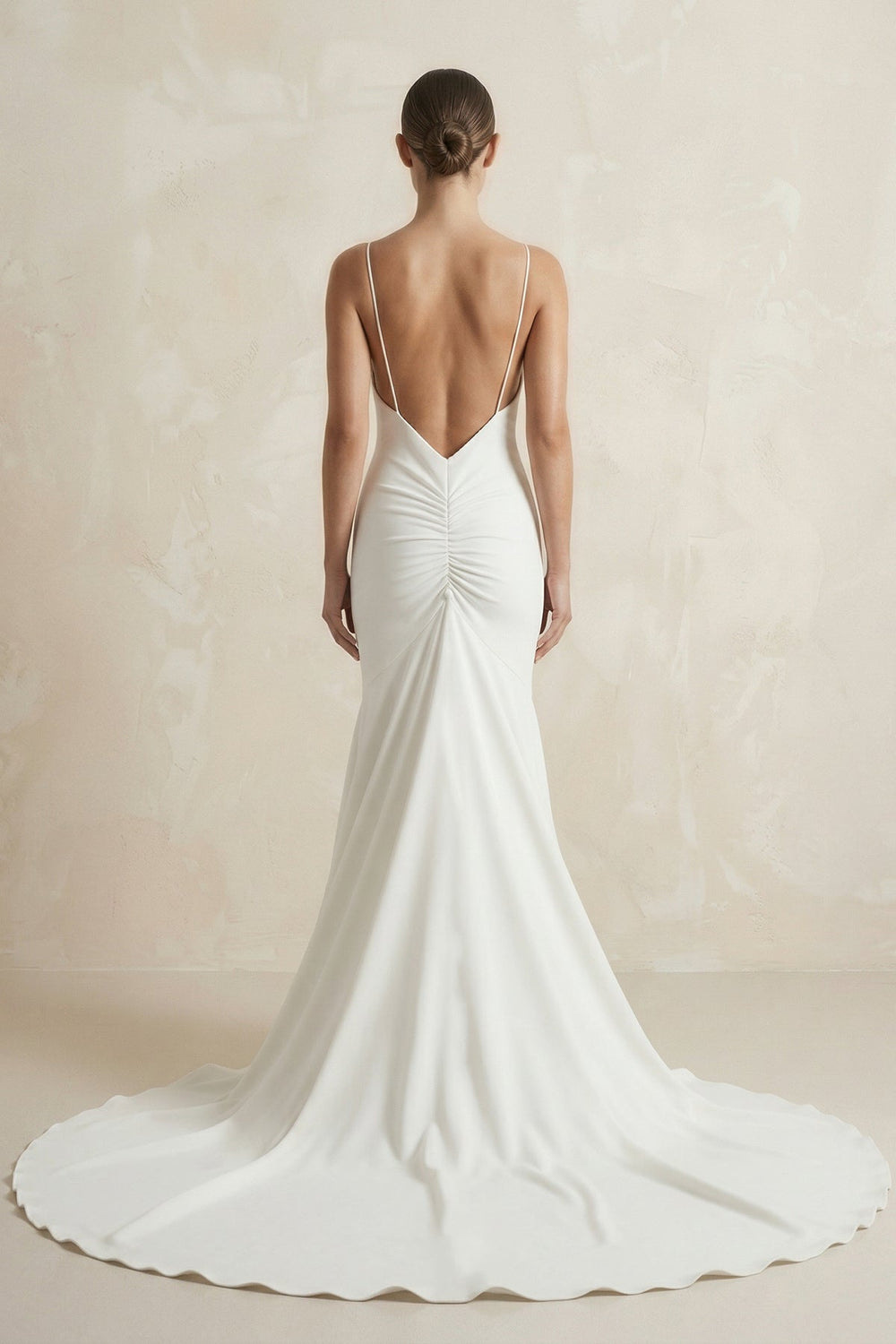 V - Neck Satin Mermaid Ruched Wedding Dress in White - SHE IS ME Wedding Dresses