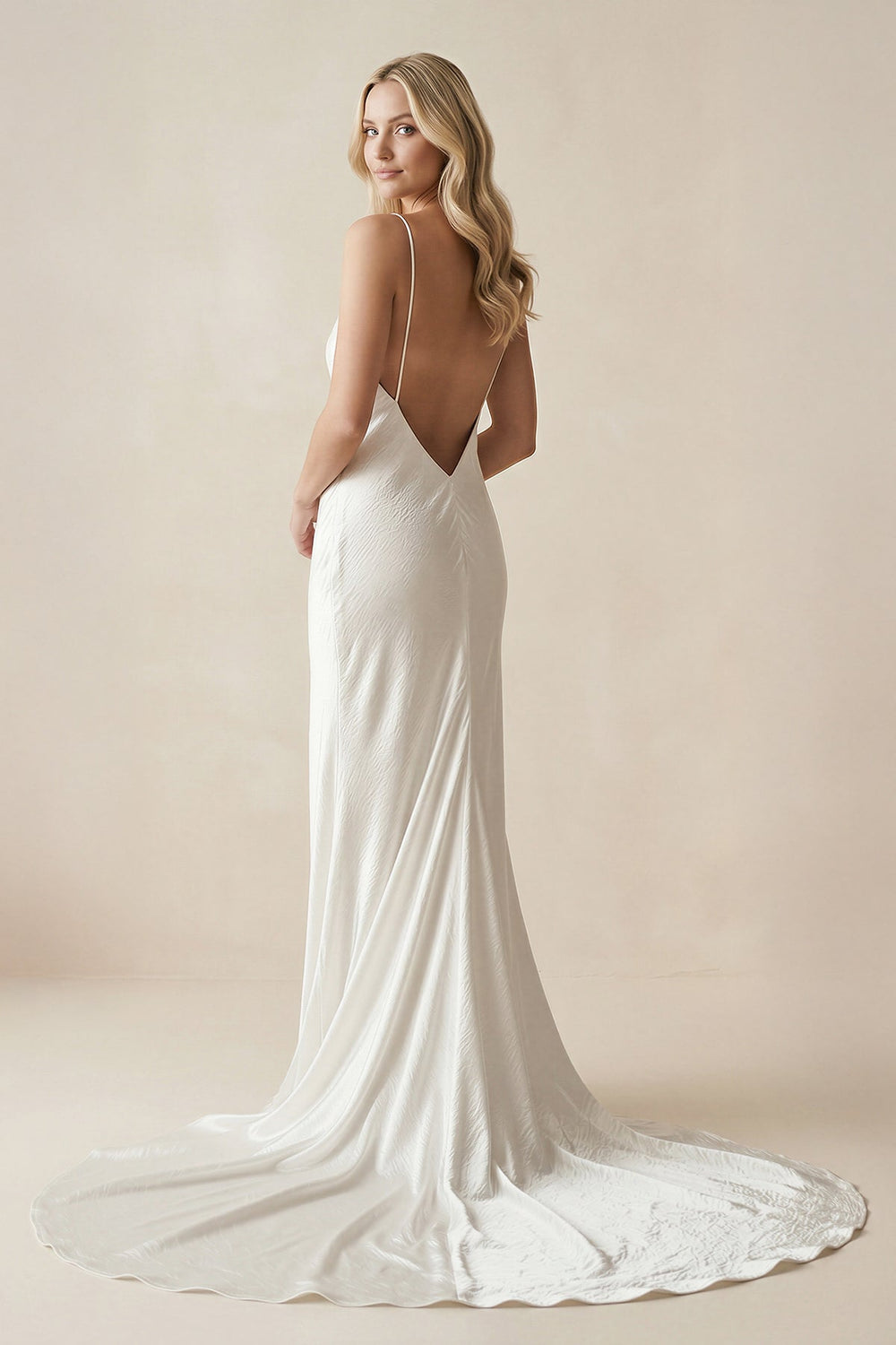 V - Neck Satin Mermaid V Back Wedding Dress in White - SHE IS ME Wedding Dresses