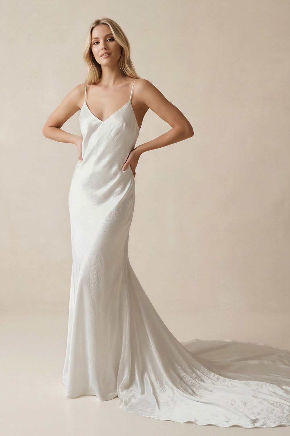 V - Neck Satin Mermaid V Back Wedding Dress in White - SHE IS ME Wedding Dresses