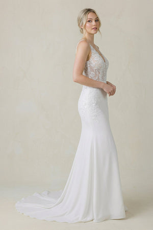 V Neck Satin Mermaid Wedding Dress in White - SHE IS ME Wedding Dresses