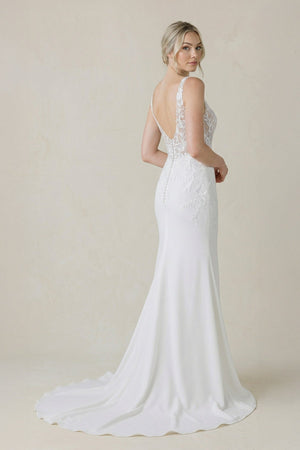 V Neck Satin Mermaid Wedding Dress in White - SHE IS ME Wedding Dresses