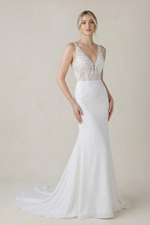 V Neck Satin Mermaid Wedding Dress in White - SHE IS ME Wedding Dresses