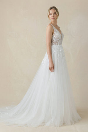 V Neck Satin Mermaid Wedding Dress in White - SHE IS ME WEDDING DRESSES