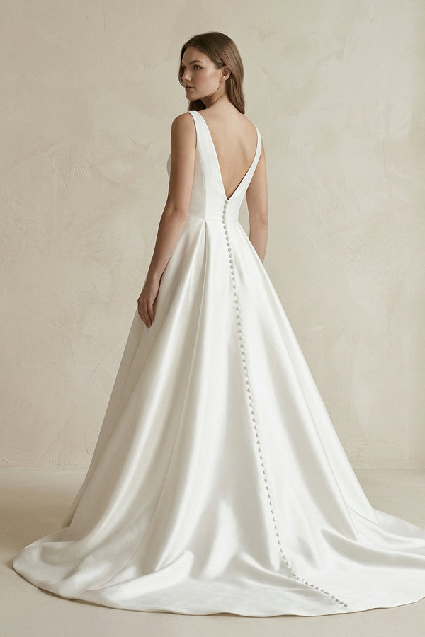 V - Neck Satin Ruched Ball Gown Wedding Dress in White - SHE IS ME Wedding Dresses