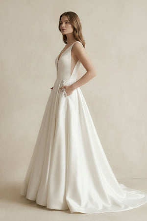 V - Neck Satin Ruched Ball Gown Wedding Dress in White - SHE IS ME Wedding Dresses