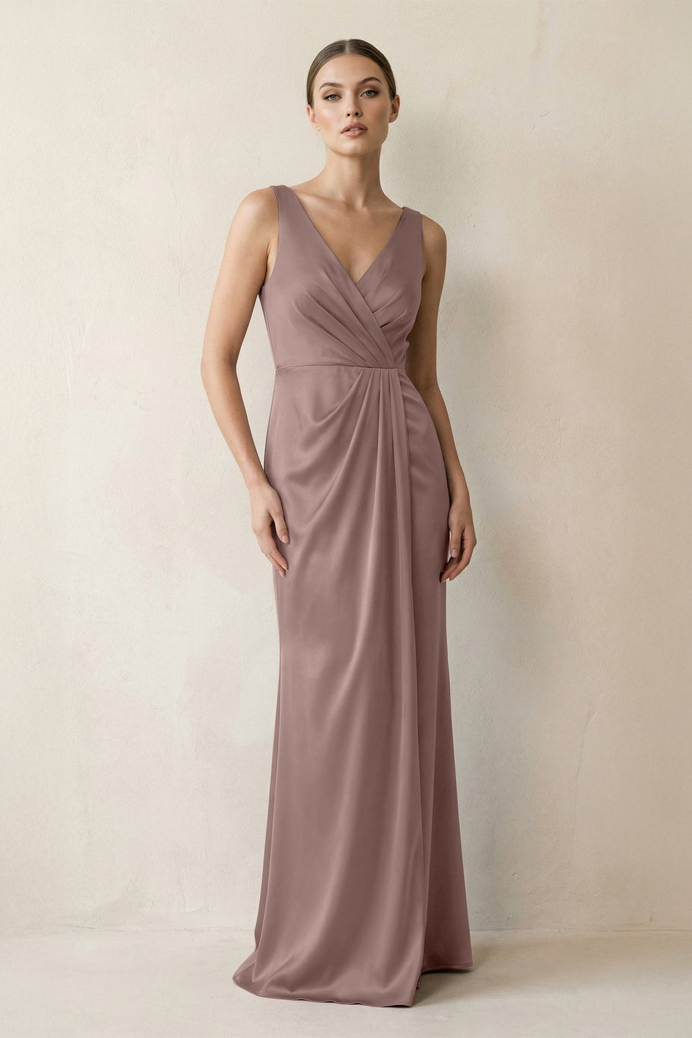 V - Neck Satin Ruched Sheath Bridesmaid Dress in Toffee - SHE IS ME Bridesmaid Dresses