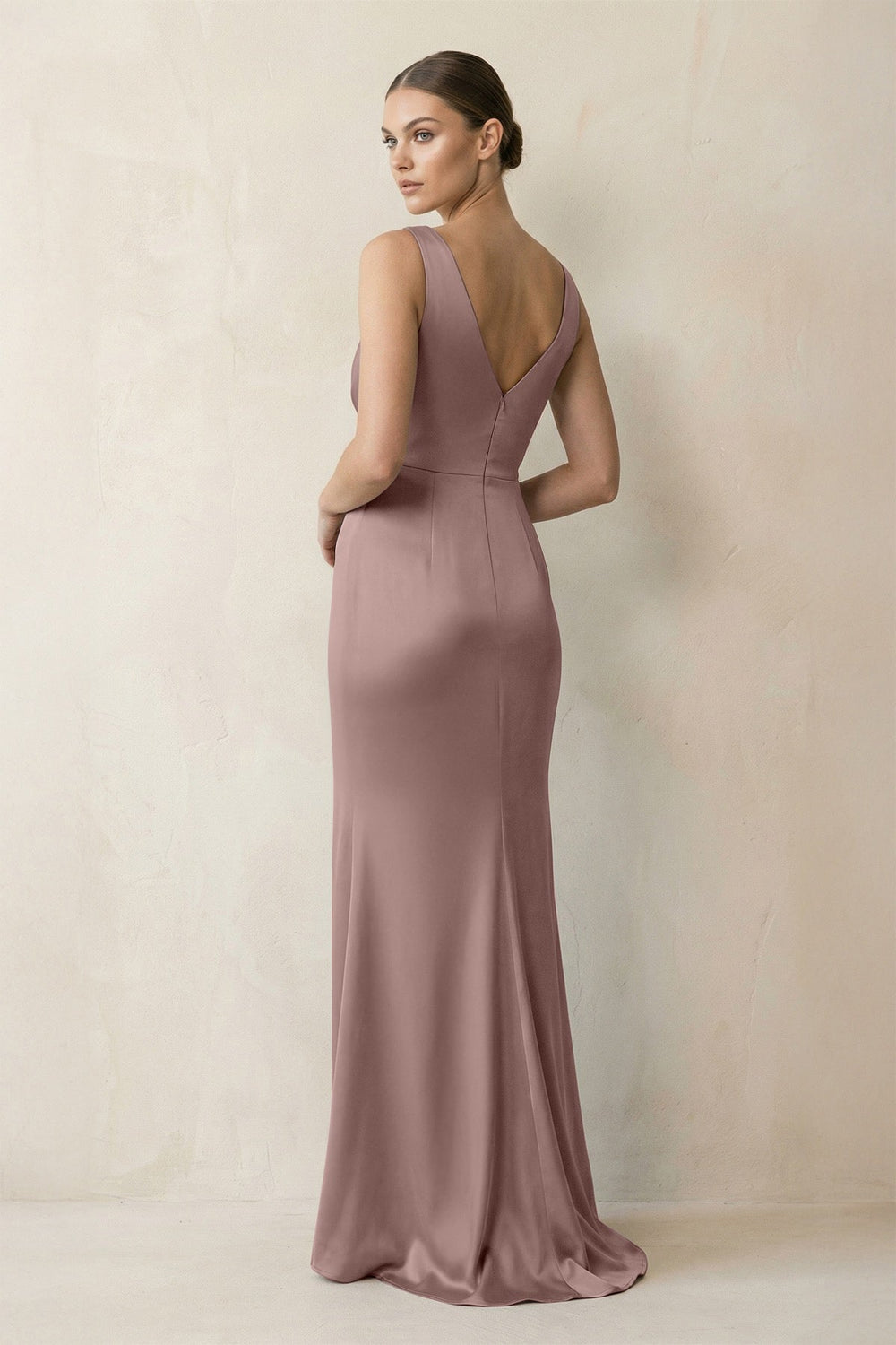 V - Neck Satin Ruched Sheath Bridesmaid Dress in Toffee - SHE IS ME Bridesmaid Dresses