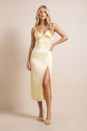 V-Neck Satin Sheath Midi Dress With Slit in Pastel Yellow– SHE IS ME Dresses