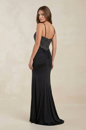 V - Neck Satin Sheath Pleated Wedding Dress in Black - SHE IS ME Wedding Dresses