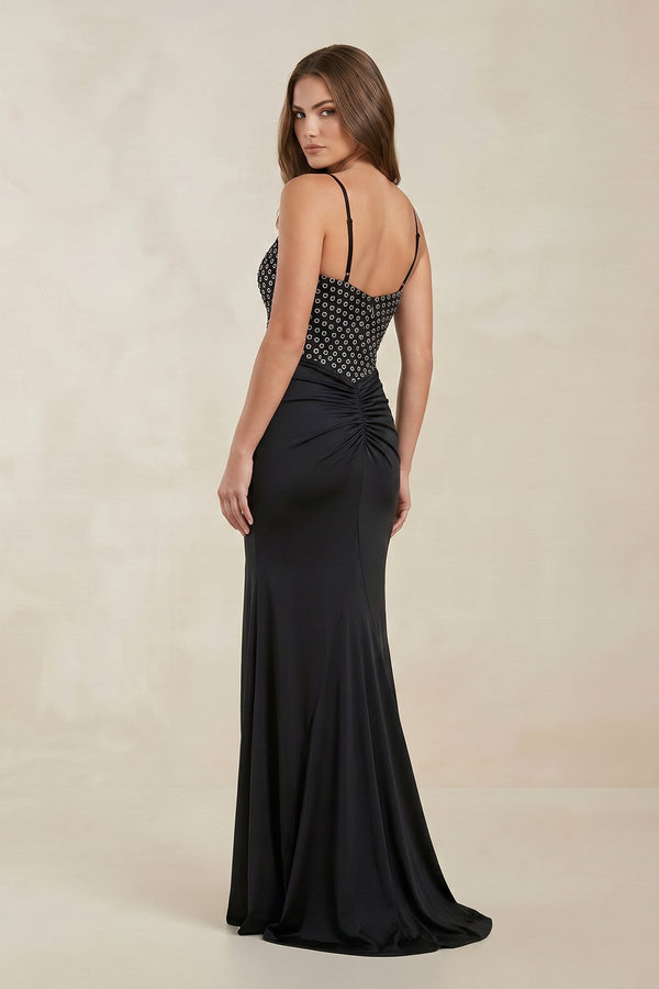V - Neck Satin Sheath Pleated Wedding Dress in Black - SHE IS ME Wedding Dresses