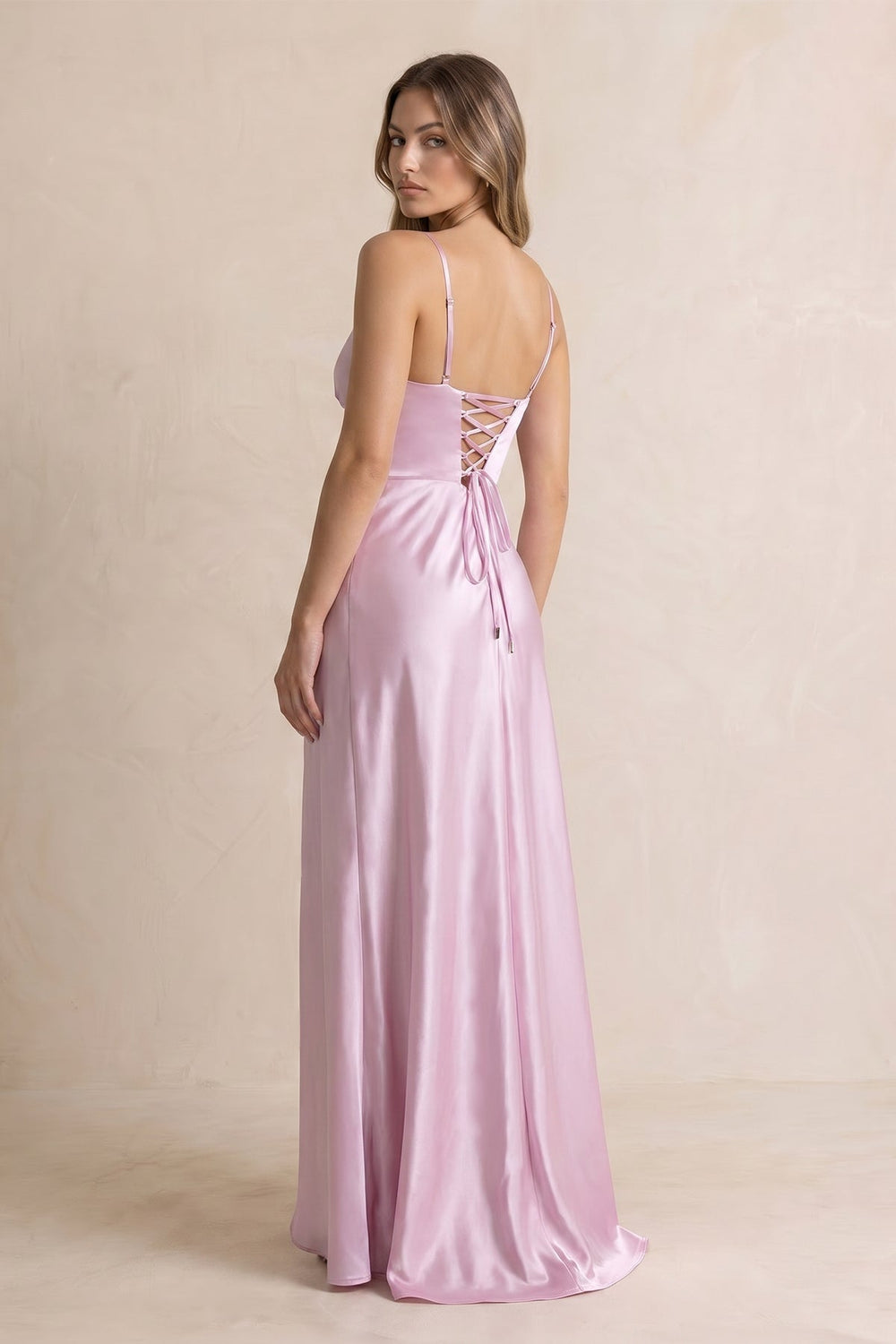 V Neck Satin Sheath Prom Dress With Slit in Lavender - SHE IS ME PROM DRESSES