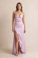 V Neck Satin Sheath Prom Dress With Slit in Lavender - SHE IS ME PROM DRESSES