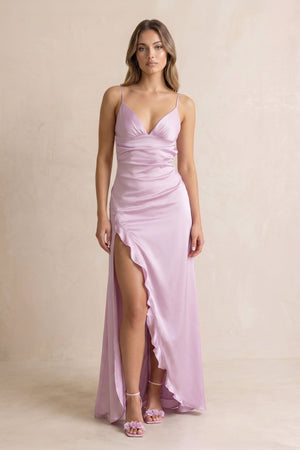 V Neck Satin Sheath Prom Dress With Slit in Lavender - SHE IS ME PROM DRESSES