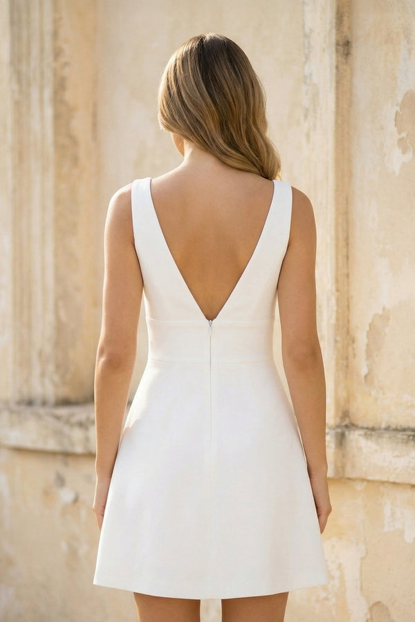 V Neck Satin Sheath Wedding Dress in White - SHE IS ME Wedding Dresses