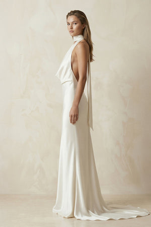 V - Neck Satin Sheath Wedding Dress With Side Slit in Ivory - SHE IS ME Wedding Dresses